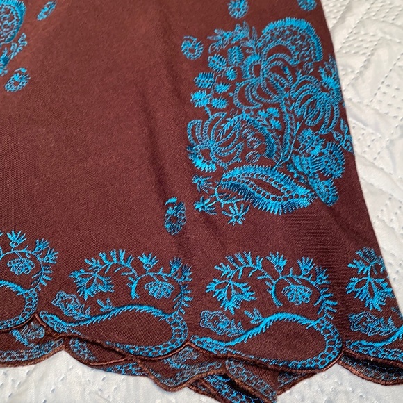 NY Collection Scalloped hem embroidered a-line flare skirt brown turquoise PM - Picture 3 of 11